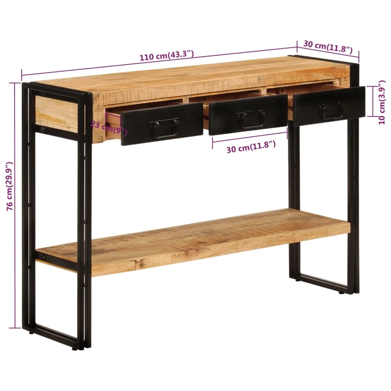 Table console meuble d'entrée avec tiroirs et étagère 110 x 30 x 76 cm bois de manguier et fer noir DEC031515