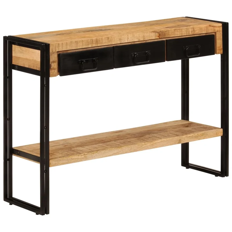 Table console meuble d'entrée avec tiroirs et étagère 110 x 30 x 76 cm bois de manguier et fer noir DEC031515