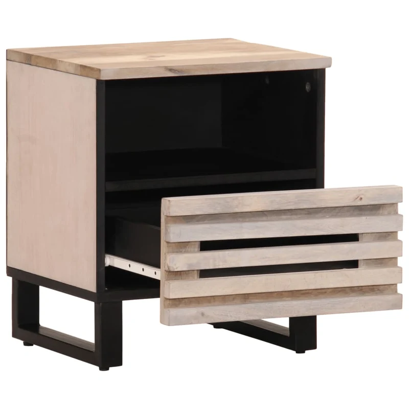 Table de chevet avec tiroir et compartiment ouvert 40 x 34 x 46 cm bois de manguier massif maron blanchi et acier DEC032988