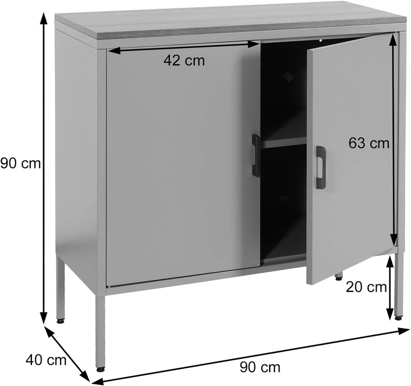 Commode meuble de rangement bureau buffet 2 portes métal 90x90x40cm mélaminé noir plateau MDF 2 compartiments avec portes MED04083