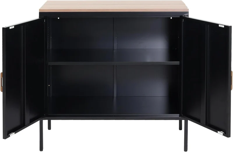 Commode meuble de rangement bureau buffet 2 portes métal 90x90x40cm mélaminé noir plateau MDF 2 compartiments avec portes MED04083