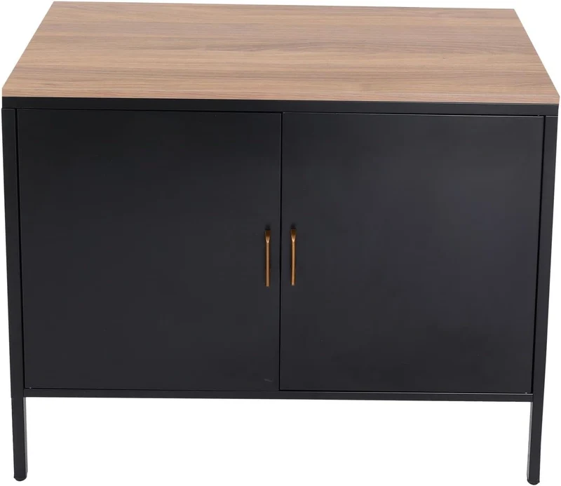 Commode meuble de rangement bureau buffet 2 portes métal 90x90x40cm mélaminé noir plateau MDF 2 compartiments avec portes MED04083