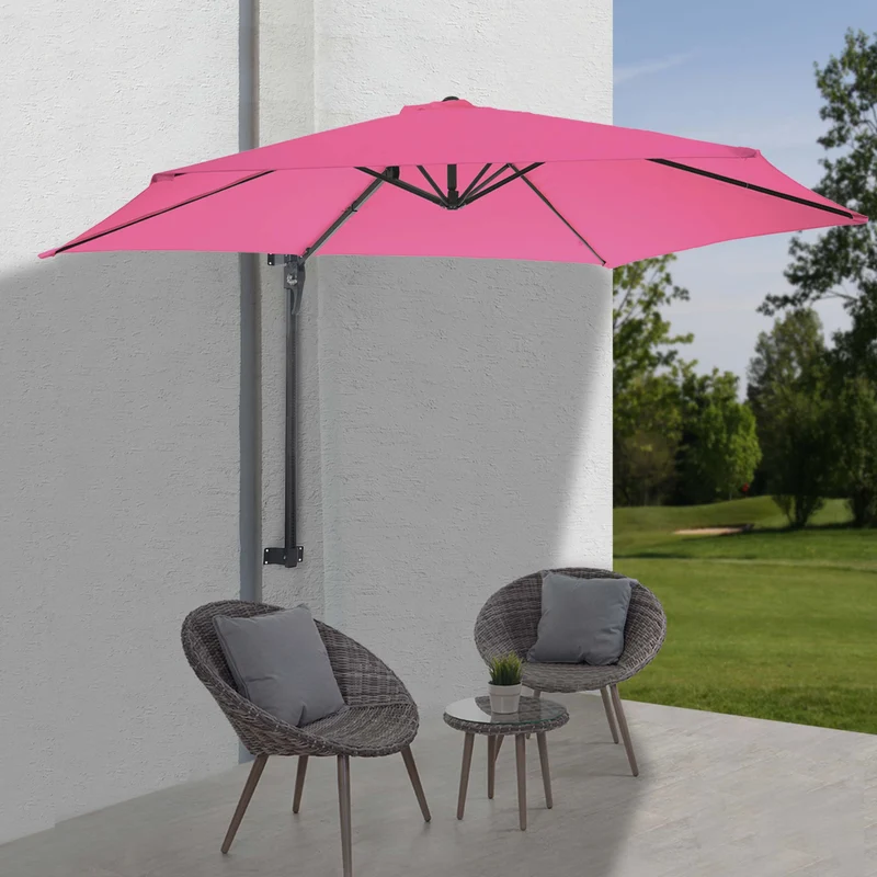 Parasol mural pour balcon terrasse avec mât inclinable 3m polyester aluminium/acier 9kg couleur rose 04_0005637