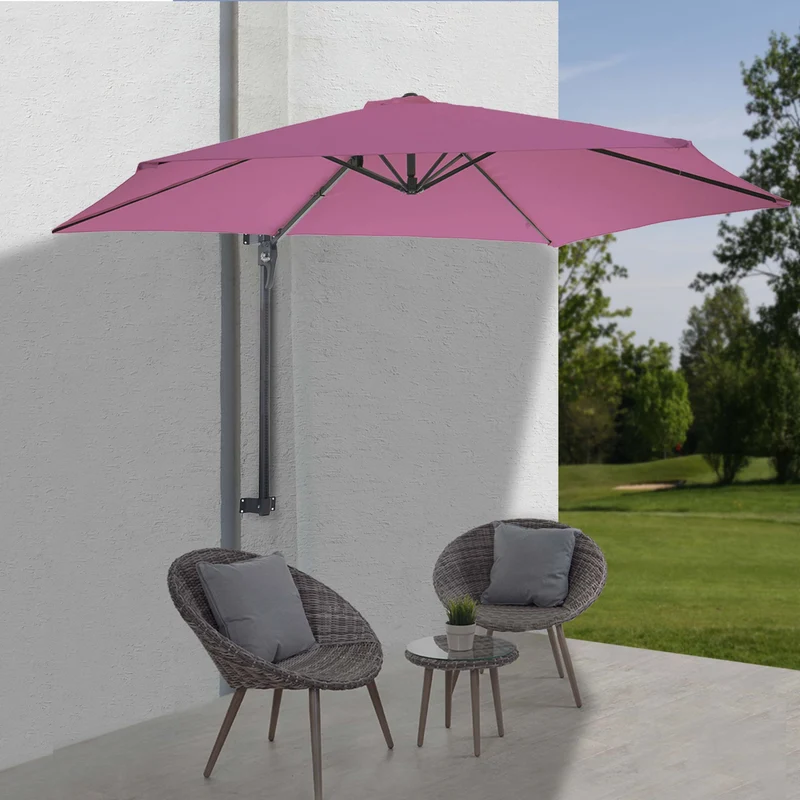 Parasol mural pour balcon terrasse avec mât inclinable 3m polyester aluminium/acier 9kg couleur lavande rouge 04_0005638