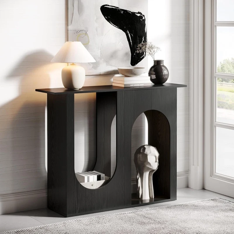 Tribesigns Table basse noire de 90 cm, Console étroite à placer derrière le canapé au design incurvé