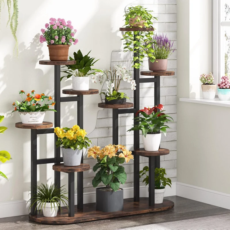 Étagère à Plantes Multifonction, Support pour 11 Pots de Jardinage Rustique