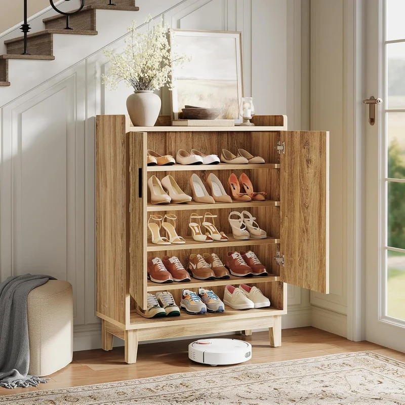 Tribesigns Meuble à chaussures avec portes, Étagère à chaussures de maison de campagne pour 20 paires en bois naturel
