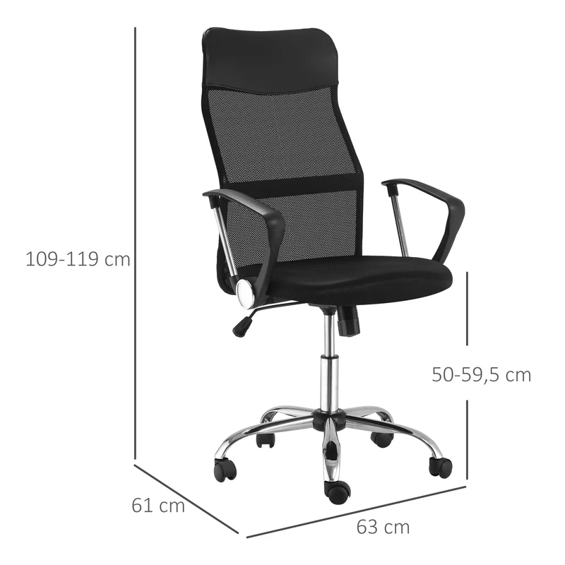 Fauteuil de bureau ergonomique 63 x 65 x 119 cm assise réglable grand confort design contemporain en tissu maille noir 21_0006442