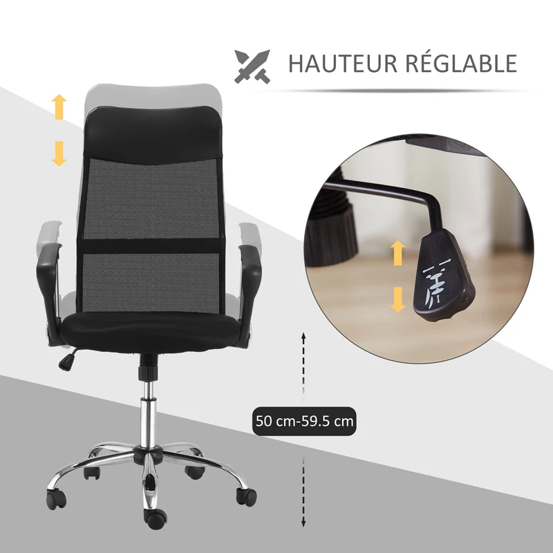 Fauteuil de bureau ergonomique 63 x 65 x 119 cm assise réglable grand confort design contemporain en tissu maille noir 21_0006442