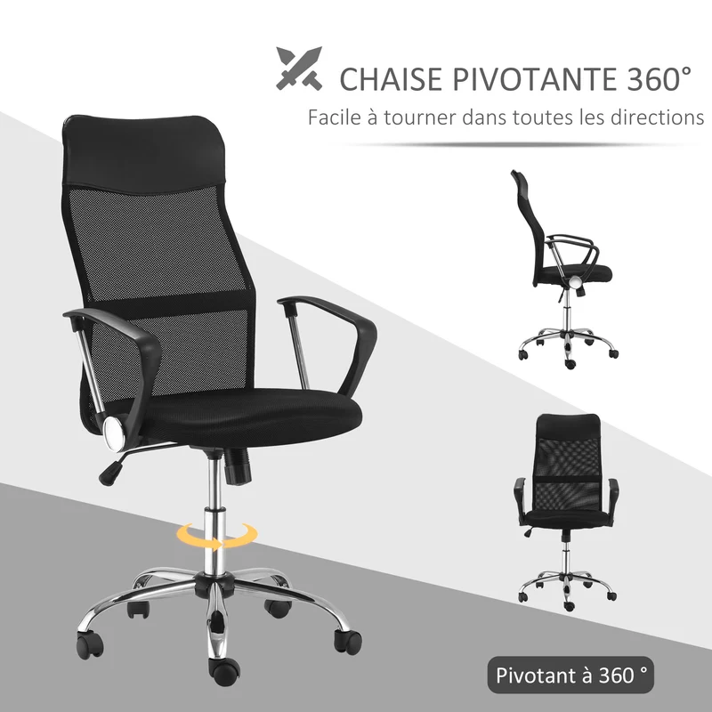 Fauteuil de bureau ergonomique 63 x 65 x 119 cm assise réglable grand confort design contemporain en tissu maille noir 21_0006442