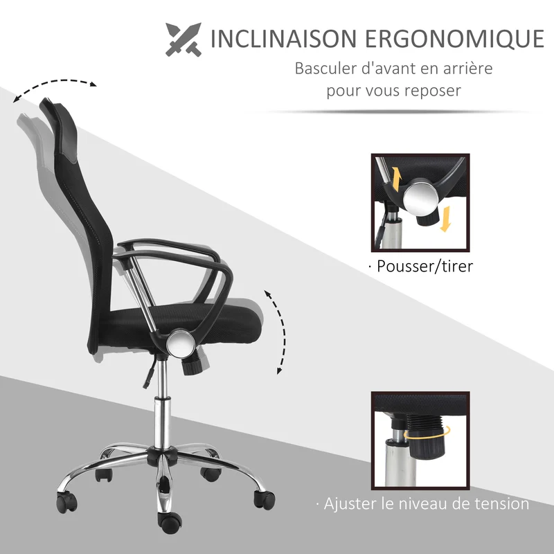 Fauteuil de bureau ergonomique 63 x 65 x 119 cm assise réglable grand confort design contemporain en tissu maille noir 21_0006442