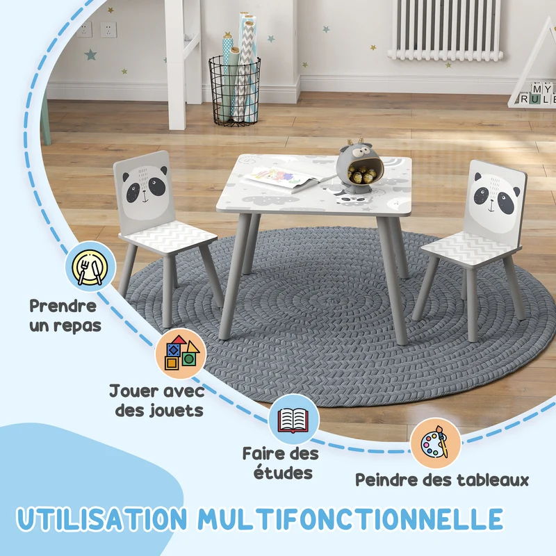 Ensemble table et chaises pour enfants 60 x 60 x 44 cm assise ergonomique bords arrondis pratique scandinave en MDF gris 21_0000202