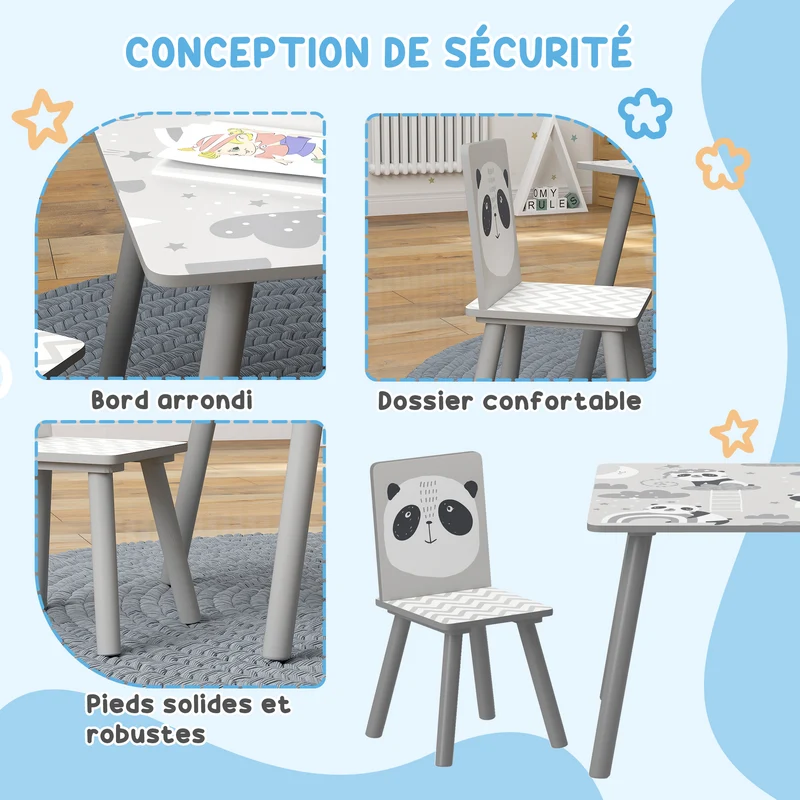 Ensemble table et chaises pour enfants 60 x 60 x 44 cm assise ergonomique bords arrondis pratique scandinave en MDF gris 21_0000202
