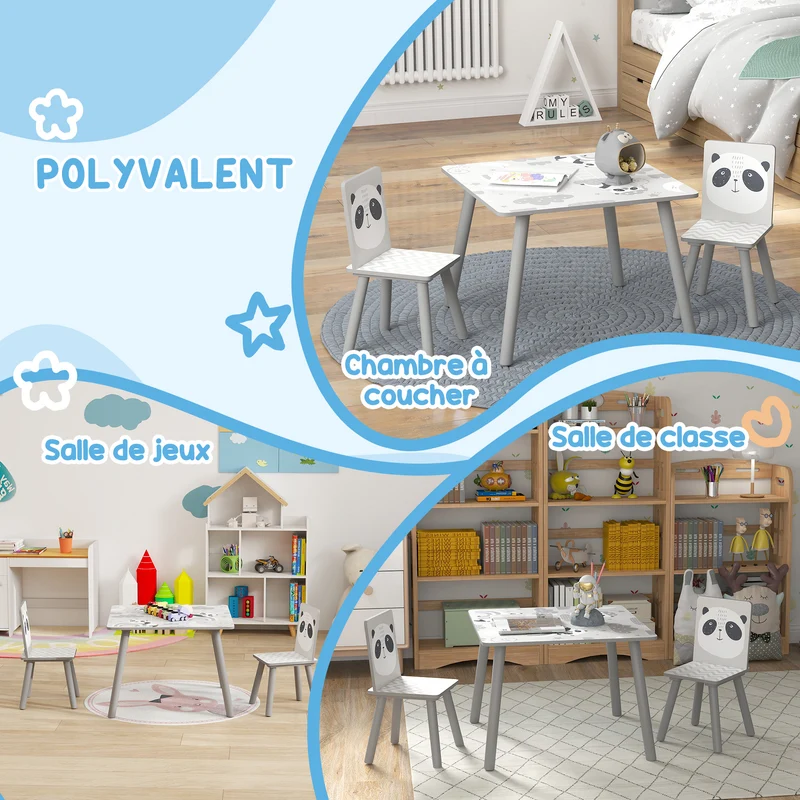Ensemble table et chaises pour enfants 60 x 60 x 44 cm assise ergonomique bords arrondis pratique scandinave en MDF gris 21_0000202