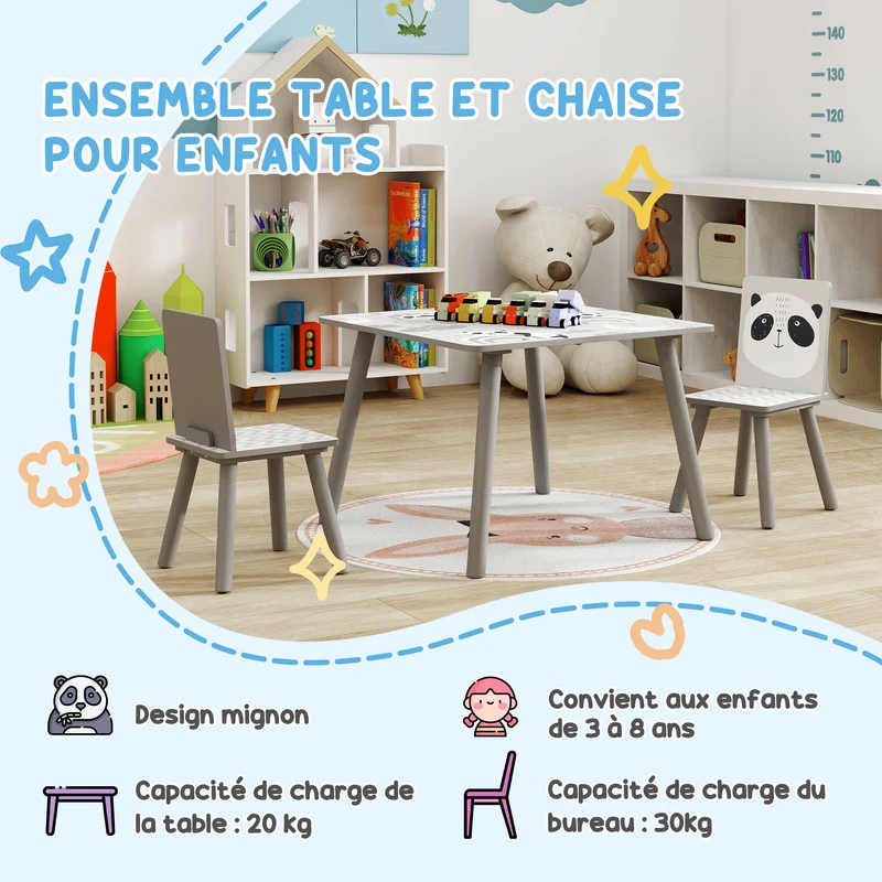 Ensemble table et chaises pour enfants 60 x 60 x 44 cm assise ergonomique bords arrondis pratique scandinave en MDF gris 21_0000202