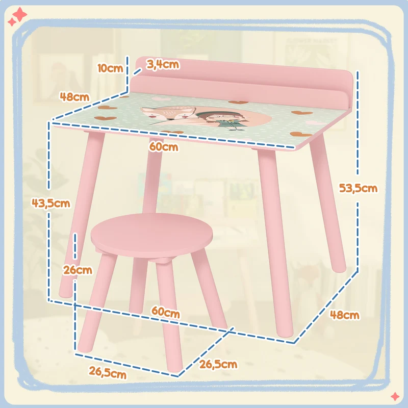 Ensemble table et chaise enfant 60 x 48 x 53,5 cm porte-livres assise ergonomique chambre style scandinave en MDF rose 21_0000220