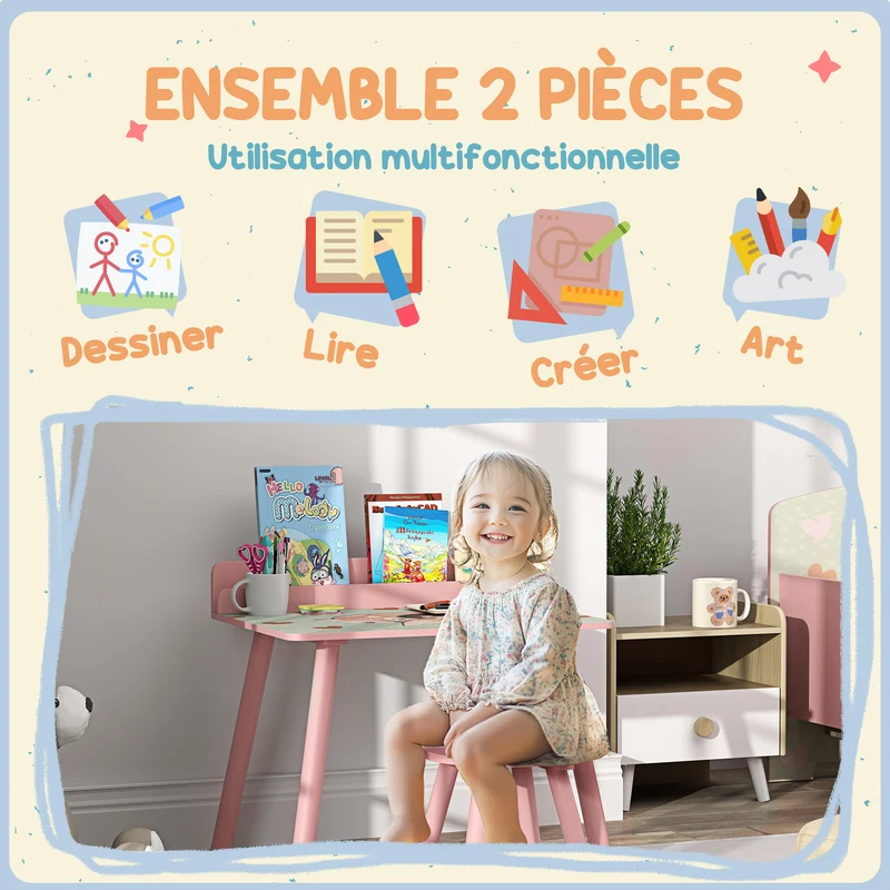 Ensemble table et chaise enfant 60 x 48 x 53,5 cm porte-livres assise ergonomique chambre style scandinave en MDF rose 21_0000220