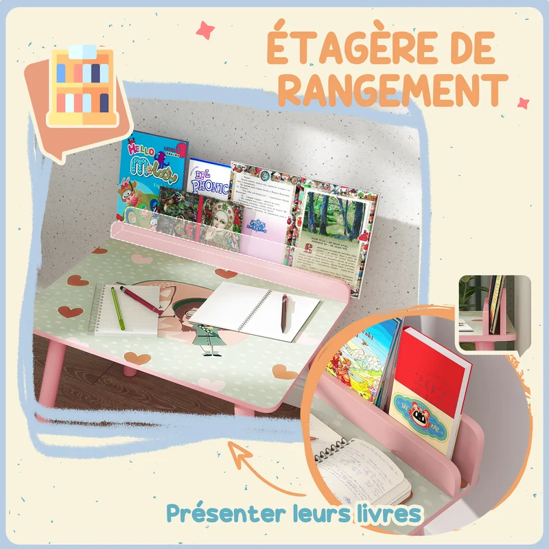 Ensemble table et chaise enfant 60 x 48 x 53,5 cm porte-livres assise ergonomique chambre style scandinave en MDF rose 21_0000220