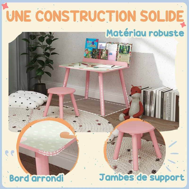 Ensemble table et chaise enfant 60 x 48 x 53,5 cm porte-livres assise ergonomique chambre style scandinave en MDF rose 21_0000220
