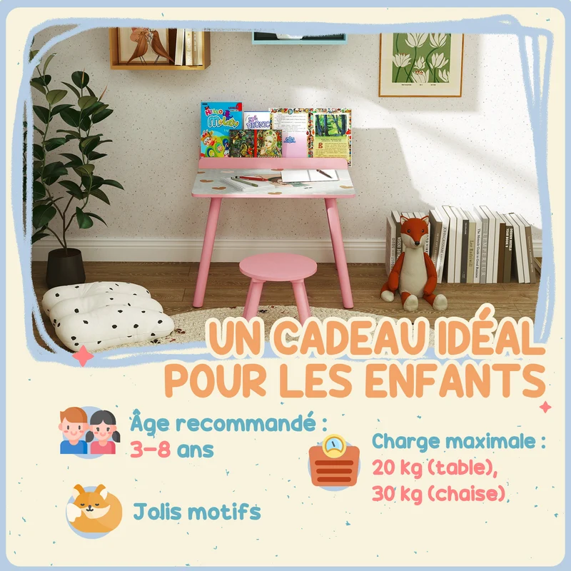 Ensemble table et chaise enfant 60 x 48 x 53,5 cm porte-livres assise ergonomique chambre style scandinave en MDF rose 21_0000220