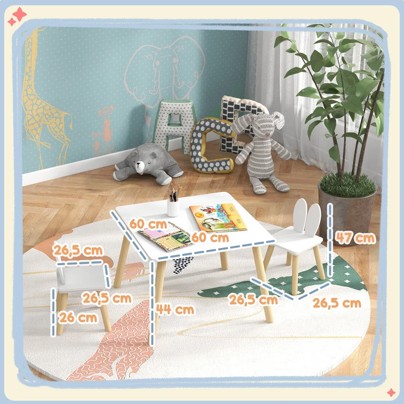 Ensemble table et 2 chaises enfant 60 x 60 x 44 cm gain de place assise ergonomique scandinave minimaliste en MDF blanc 21_0000209