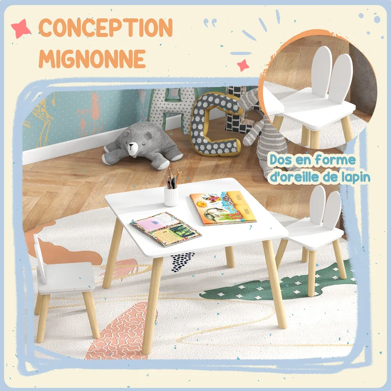 Ensemble table et 2 chaises enfant 60 x 60 x 44 cm gain de place assise ergonomique scandinave minimaliste en MDF blanc 21_0000209