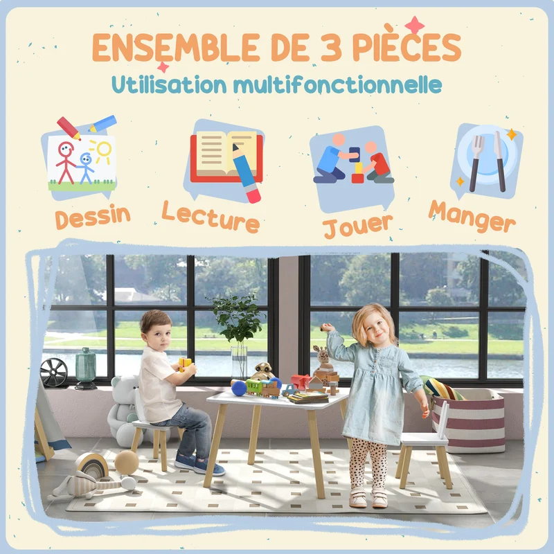 Ensemble table et 2 chaises enfant 60 x 60 x 44 cm gain de place assise ergonomique scandinave minimaliste en MDF blanc 21_0000209