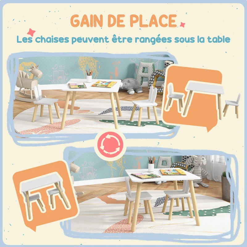 Ensemble table et 2 chaises enfant 60 x 60 x 44 cm gain de place assise ergonomique scandinave minimaliste en MDF blanc 21_0000209