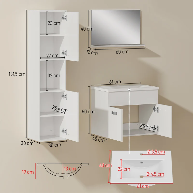 Ensemble de meubles de salle de bain mural 61 x 40 x 50 cm gain de place style épuré en panneau de particules blanc 21_0001981