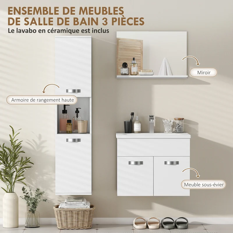 Ensemble de meubles de salle de bain mural 61 x 40 x 50 cm gain de place style épuré en panneau de particules blanc 21_0001981