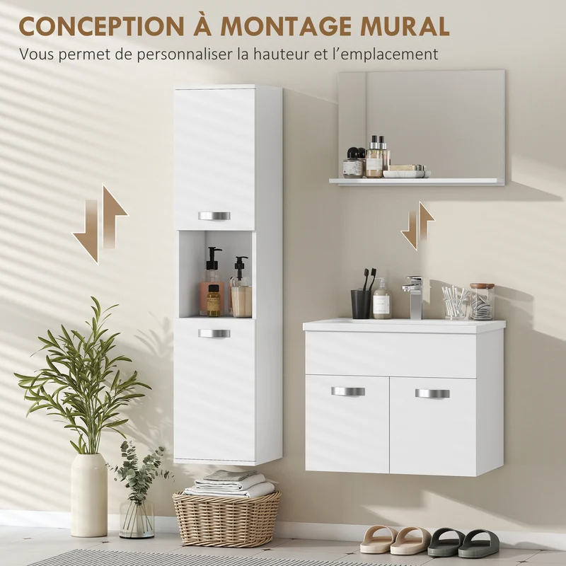 Ensemble de meubles de salle de bain mural 61 x 40 x 50 cm gain de place style épuré en panneau de particules blanc 21_0001981