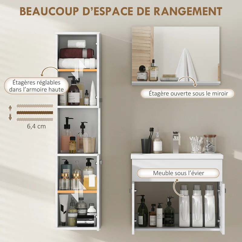 Ensemble de meubles de salle de bain mural 61 x 40 x 50 cm gain de place style épuré en panneau de particules blanc 21_0001981