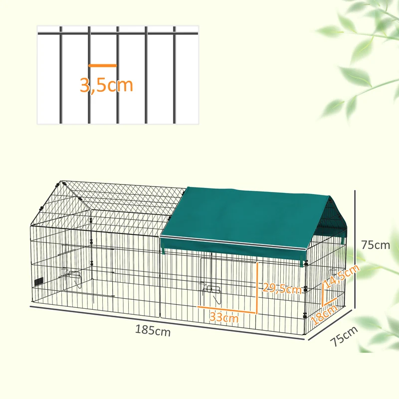 Enclos pour lapin extérieur 185 x 75 x 75 cm toit ombragé portes verrouillables contemporain rustique en acier vert 21_0007967