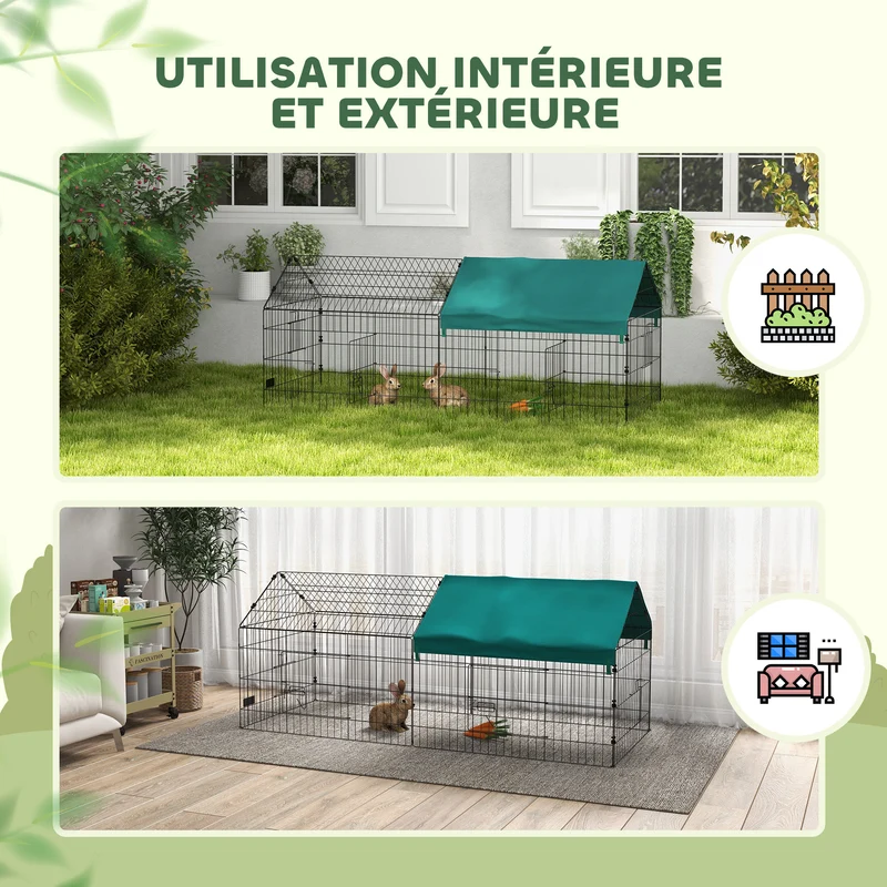 Enclos pour lapin extérieur 185 x 75 x 75 cm toit ombragé portes verrouillables contemporain rustique en acier vert 21_0007967