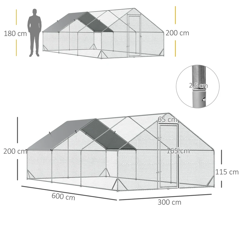 Enclos poulailler volière extérieur 6 x 3 x 2 m 18 m² abri couvert porte sécurisée rustique en acier galvanisé gris 21_0007937