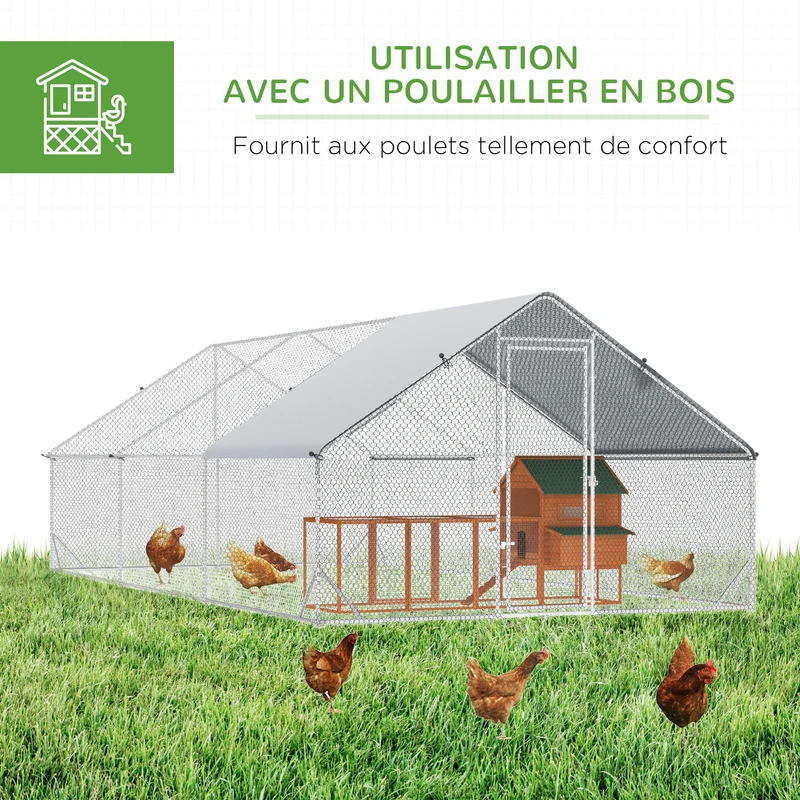 Enclos poulailler volière extérieur 6 x 3 x 2 m 18 m² abri couvert porte sécurisée rustique en acier galvanisé gris 21_0007937