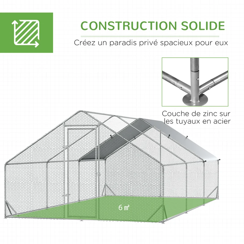 Enclos poulailler volière extérieur 6 x 3 x 2 m 18 m² abri couvert porte sécurisée rustique en acier galvanisé gris 21_0007937