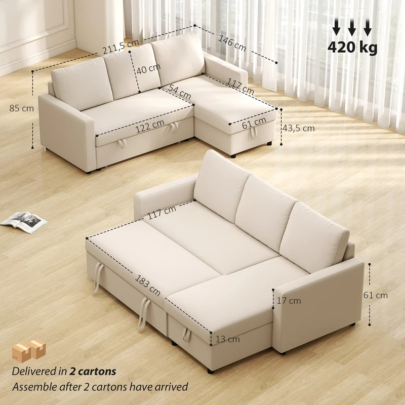 Canapé d'angle convertible 211,5 x 146 x 85 cm méridienne réversible coffre de rangement moderne épuré en tissu crème 21_0003051