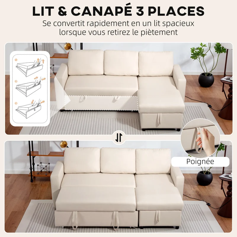 Canapé d'angle convertible 211,5 x 146 x 85 cm méridienne réversible coffre de rangement moderne épuré en tissu crème 21_0003051