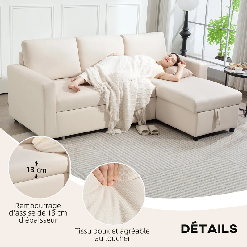Canapé d'angle convertible 211,5 x 146 x 85 cm méridienne réversible coffre de rangement moderne épuré en tissu crème 21_0003051