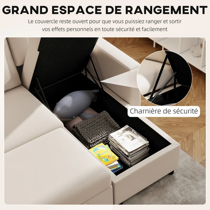 Canapé d'angle convertible 211,5 x 146 x 85 cm méridienne réversible coffre de rangement moderne épuré en tissu crème 21_0003051