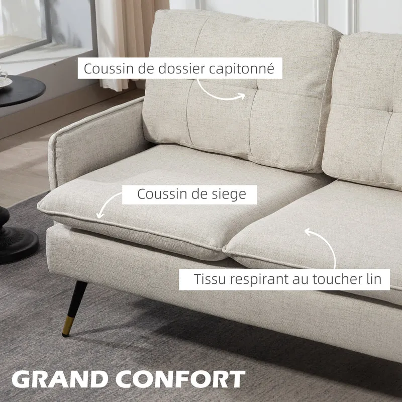 Canapé 2 places salon 139 x 68 x 80 cm assise rembourrée dossier capitonné confort style moderne en polyester crème 21_0003106