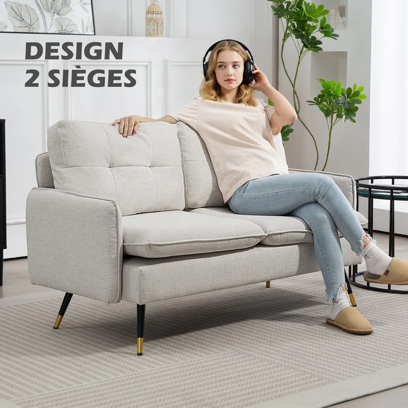 Canapé 2 places salon 139 x 68 x 80 cm assise rembourrée dossier capitonné confort style moderne en polyester crème 21_0003106