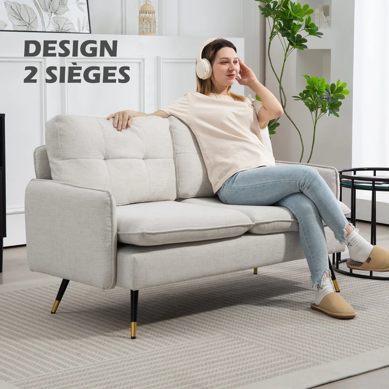 Canapé 2 places salon 139 x 68 x 80 cm assise rembourrée dossier capitonné confort style moderne en polyester crème 21_0003106