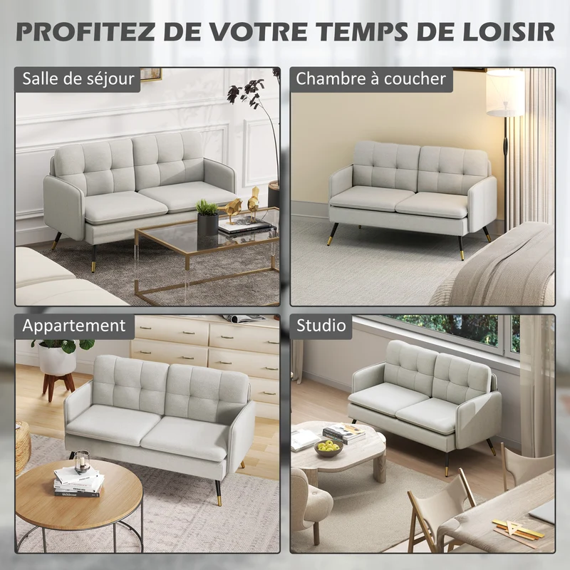 Canapé 2 places salon 139 x 68 x 80 cm assise rembourrée dossier capitonné confort style moderne en polyester crème 21_0003106