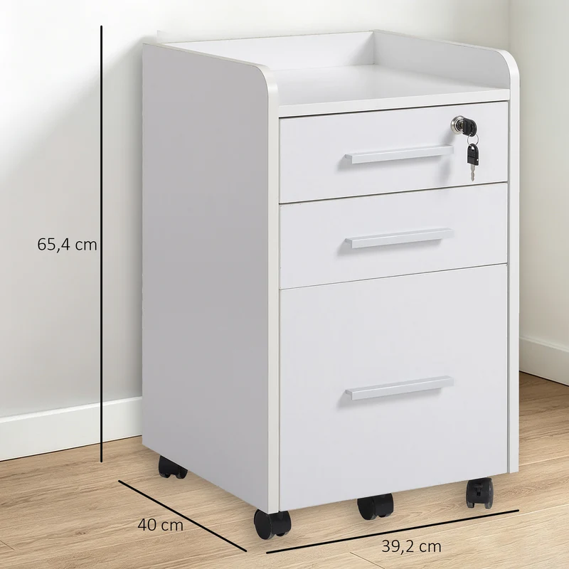 Caisson de bureau compact à roulettes 39 x 40 x 65 cm 3 tiroirs dont 1 verrouillable mobilité moderne épuré en MDF blanc 21_0002435