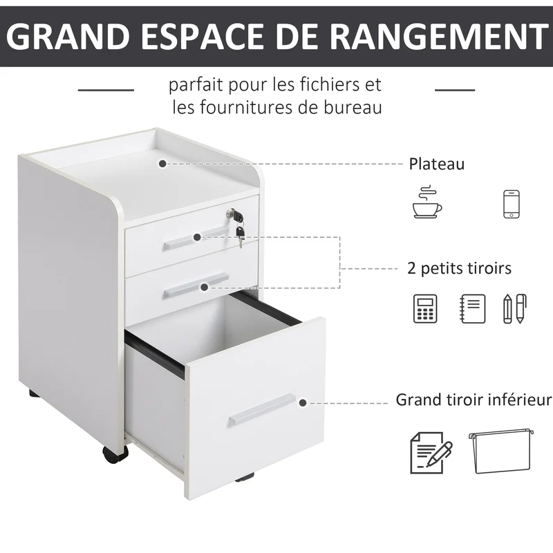 Caisson de bureau compact à roulettes 39 x 40 x 65 cm 3 tiroirs dont 1 verrouillable mobilité moderne épuré en MDF blanc 21_0002435
