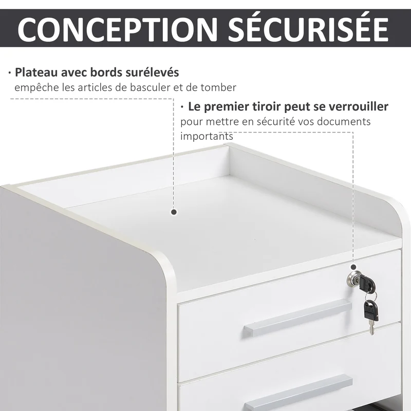 Caisson de bureau compact à roulettes 39 x 40 x 65 cm 3 tiroirs dont 1 verrouillable mobilité moderne épuré en MDF blanc 21_0002435