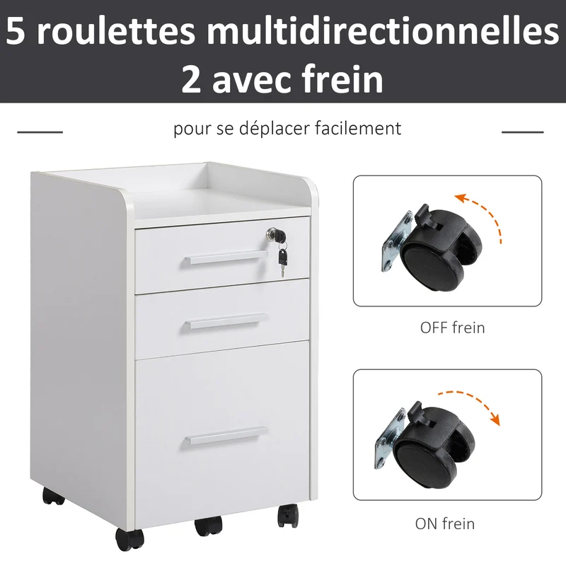 Caisson de bureau compact à roulettes 39 x 40 x 65 cm 3 tiroirs dont 1 verrouillable mobilité moderne épuré en MDF blanc 21_0002435