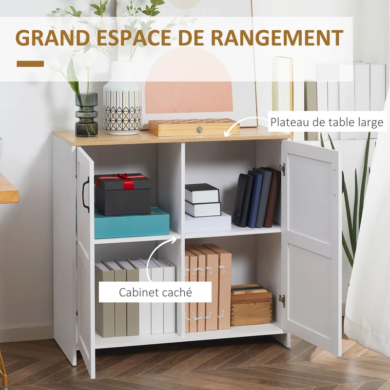 Buffet de rangement salon cuisine 90 x 39,5 x 88 cm grand rangement étagères réglables moderne ambiance cosy en MDF blanc 21_0002871